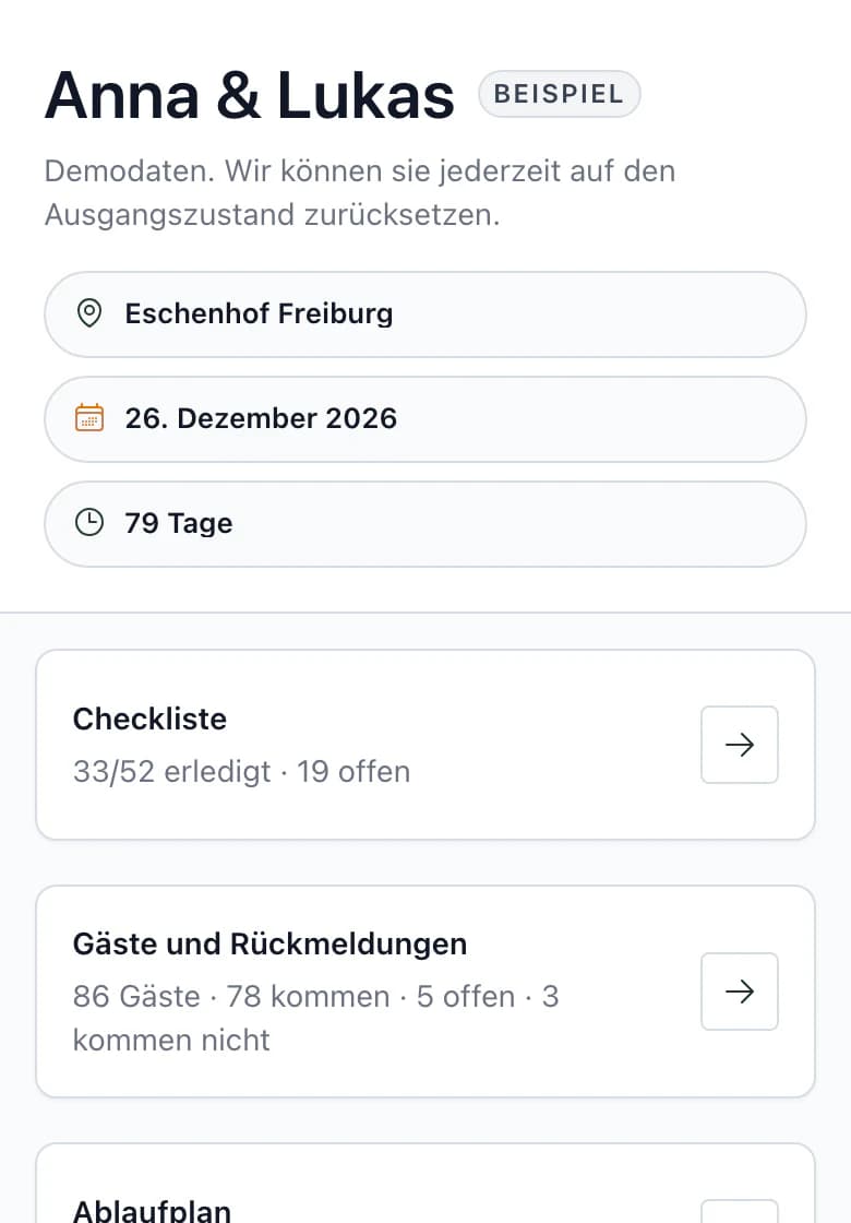 Übersicht der Hochzeit Anna & Lukas am Smartphone: Hochzeitsname und Location Eschenhof Freiburg