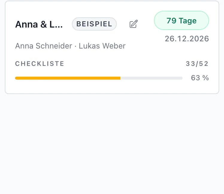 Hochzeitsübersicht am Smartphone: Anna & Lukas in 81 Tagen, 33 von 52 Aufgaben, und Tereza & Matěj in 102 Tagen