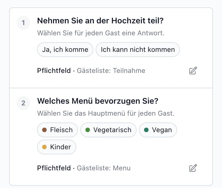 RSVP-Frage „Bestätigen Sie Ihre Teilnahme an der Hochzeit?“ mit den Antworten „Ja, ich komme“ und „Ich kann nicht kommen“, gespeichert in der Spalte Gästeliste: Teilnahme