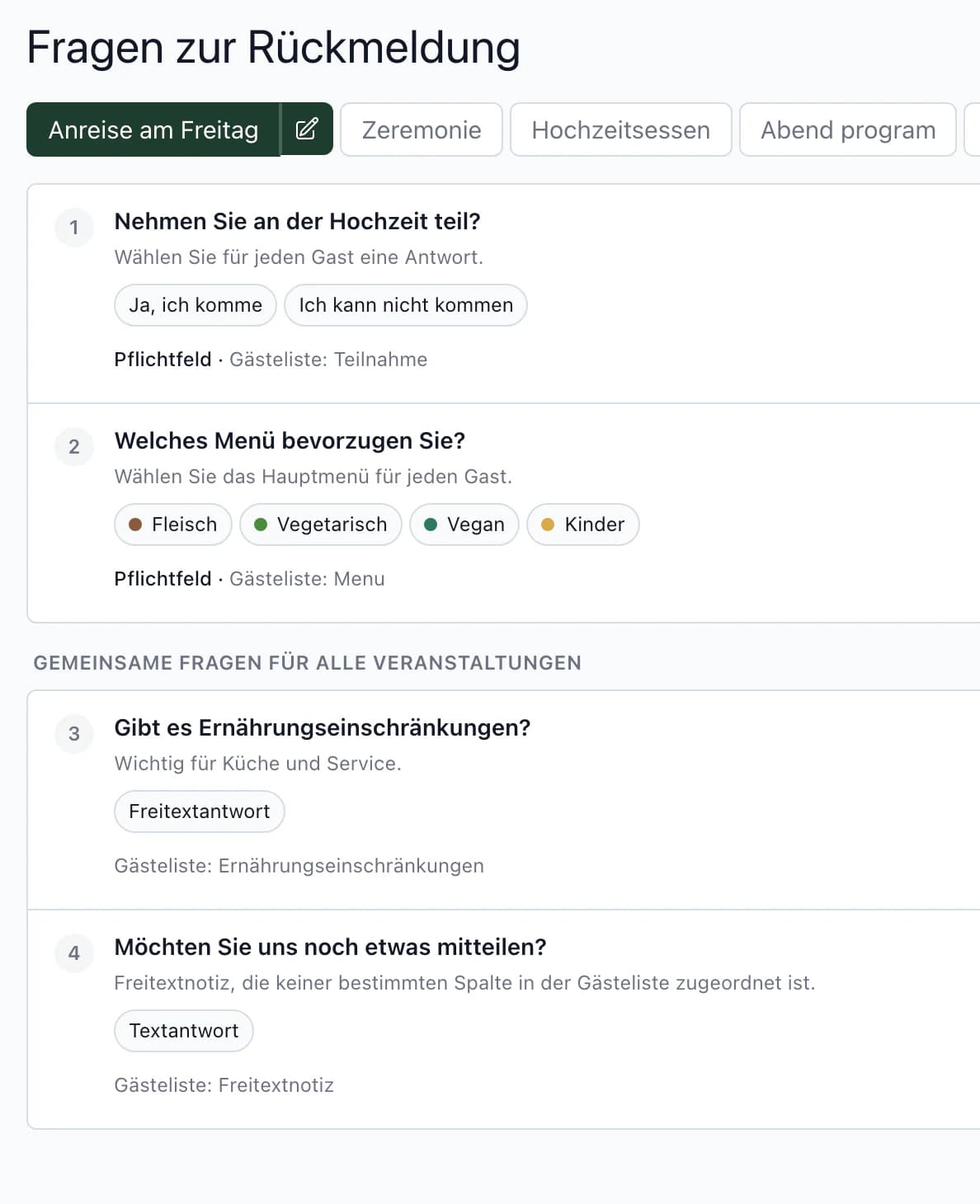 RSVP-Frageneinstellungen mit Teilnahme und Menüauswahl, verbunden mit der Gästeliste