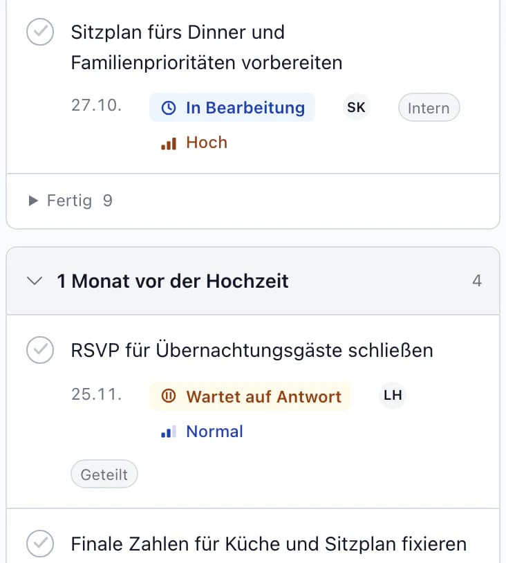 Überfällige Hochzeitsaufgaben: Letzte Gäste ohne Rückmeldung kontaktieren – wartet auf Antwort; Zimmer- und Schlüsselliste für die Rezeption – in Bearbeitung
