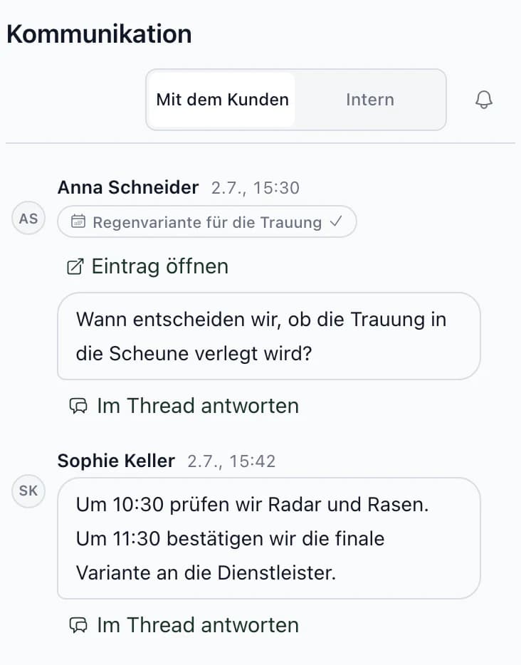 Kundenkommunikation mit Annas Frage beim Regenplan zur Verlegung in die Scheune und der Antwort mit den Kontrollzeiten