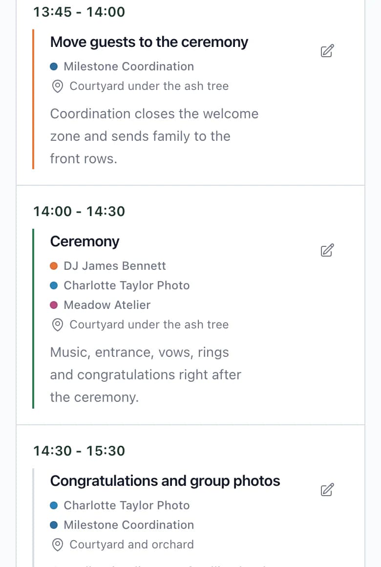 Wedding day timeline on a phone: guests move at 13:45, ceremony at 14:00 and congratulations, with vendors for each item