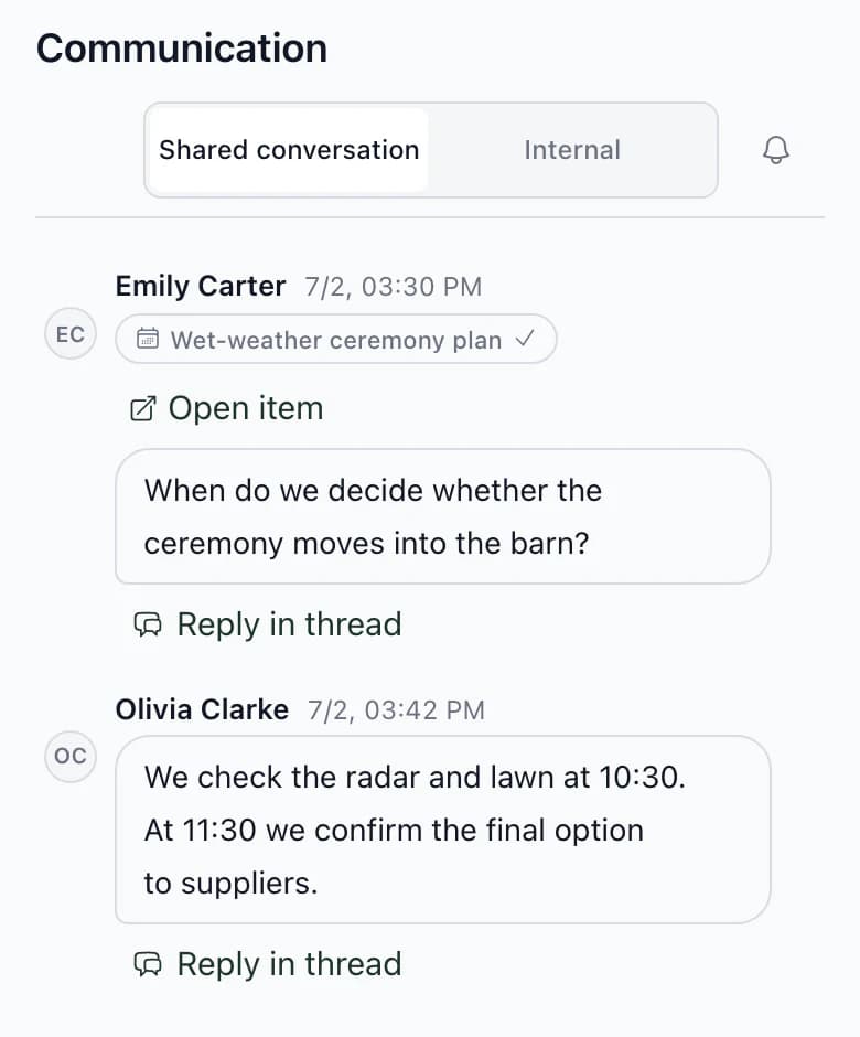 Communication on a phone: With client and Internal switch, and Emily Carter's question at the Wet-weather ceremony plan item