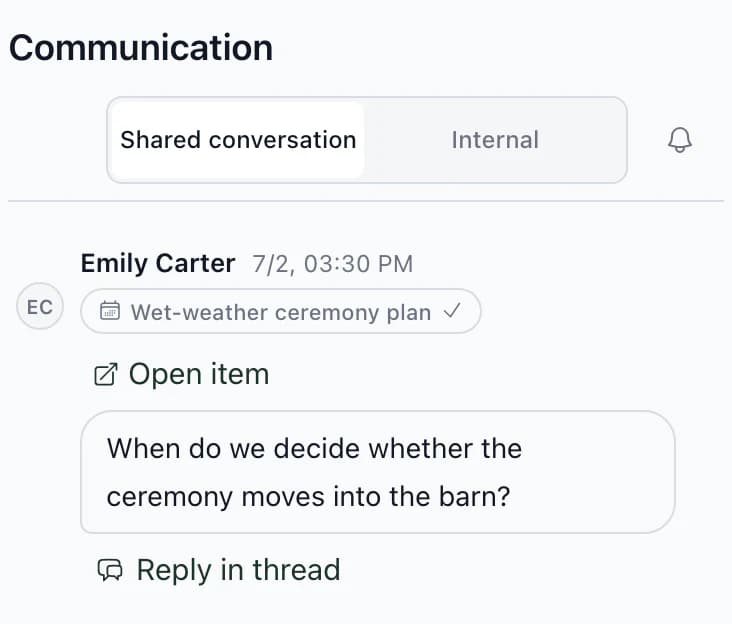 Client Emily Carter's message on the Wet-weather ceremony plan item: when will we decide whether to move the ceremony into the barn?