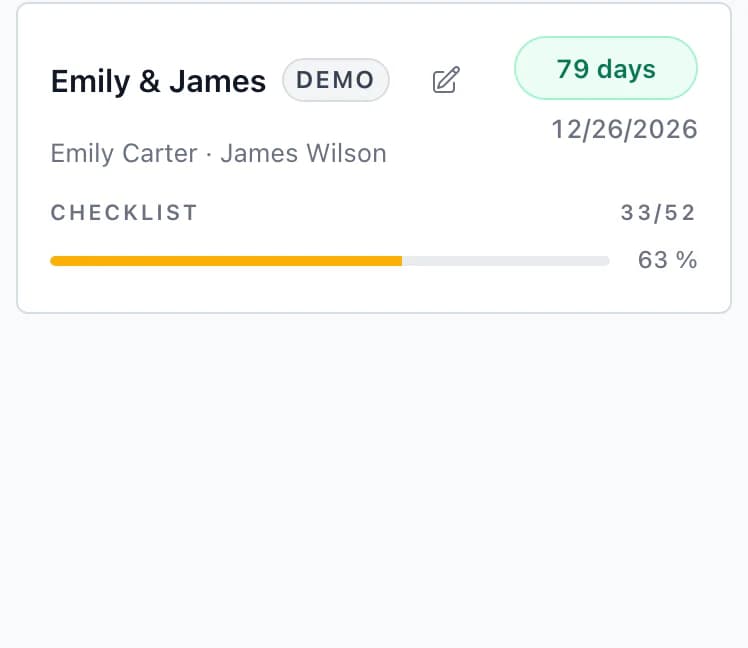 Wedding list on a phone: Emily & James in 81 days, 33 of 52 tasks complete, and Tereza & Matěj in 102 days