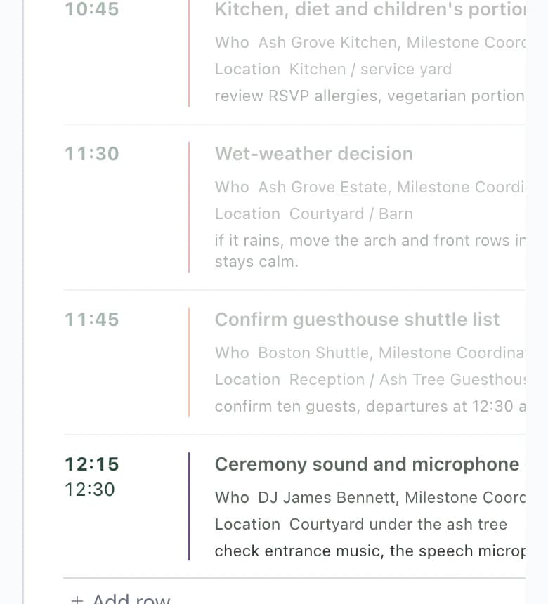 DJ timeline on a phone: gray items without the DJ and the 12:15 sound check with DJ James Bennett