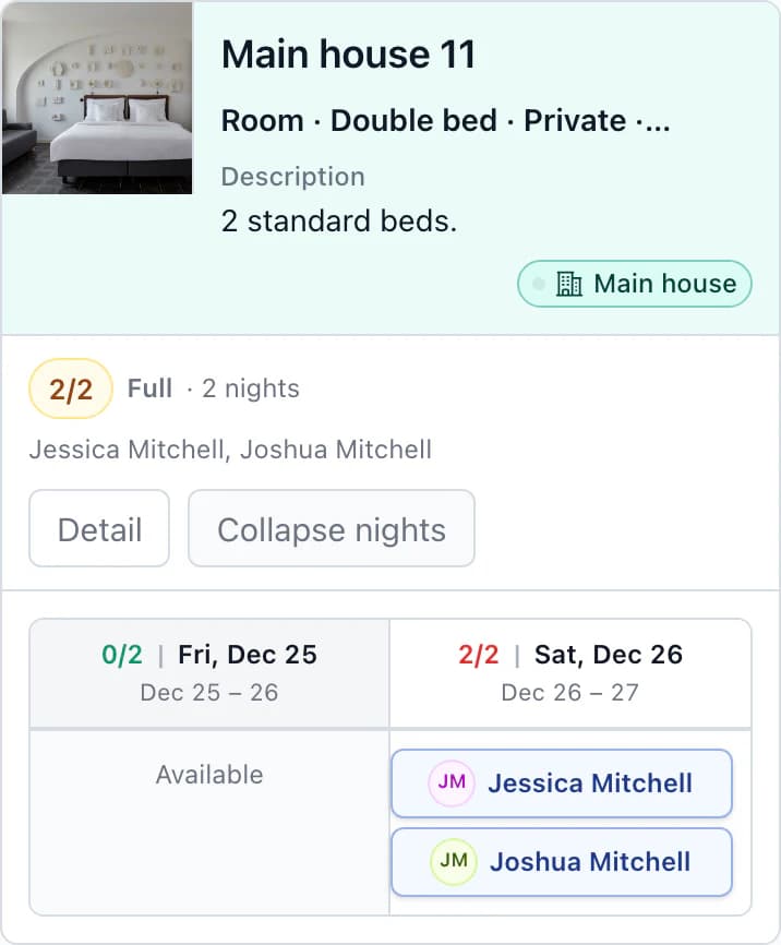 Main House 11 by night on a phone: available Friday, Jessica Mitchell and Joshua Mitchell on Saturday Dec 26, room full