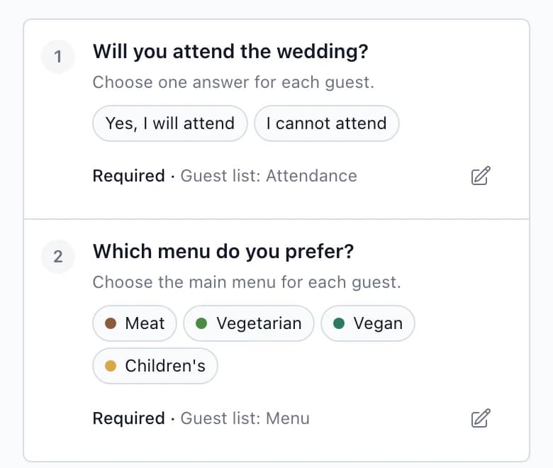 Will you attend the wedding? RSVP question with Yes, I will attend and I cannot attend choices, saved to Guest list: Attendance