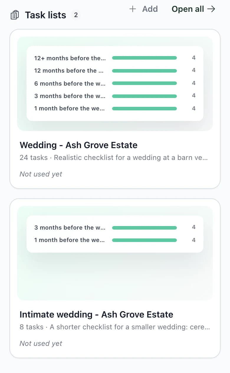 Templates on a phone: task lists with previews by months before the wedding