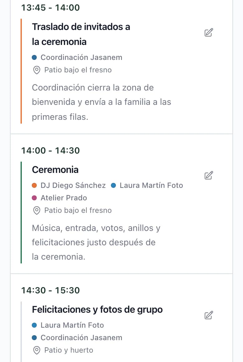 Actividad Ceremonia del cronograma, de 14:00 a 14:30, con DJ Diego Sánchez, Laura Martín Foto y Atelier Prado; lugar Patio bajo el fresno y nota Música, entrada, votos, alianzas y felicitaciones justo después de la ceremonia