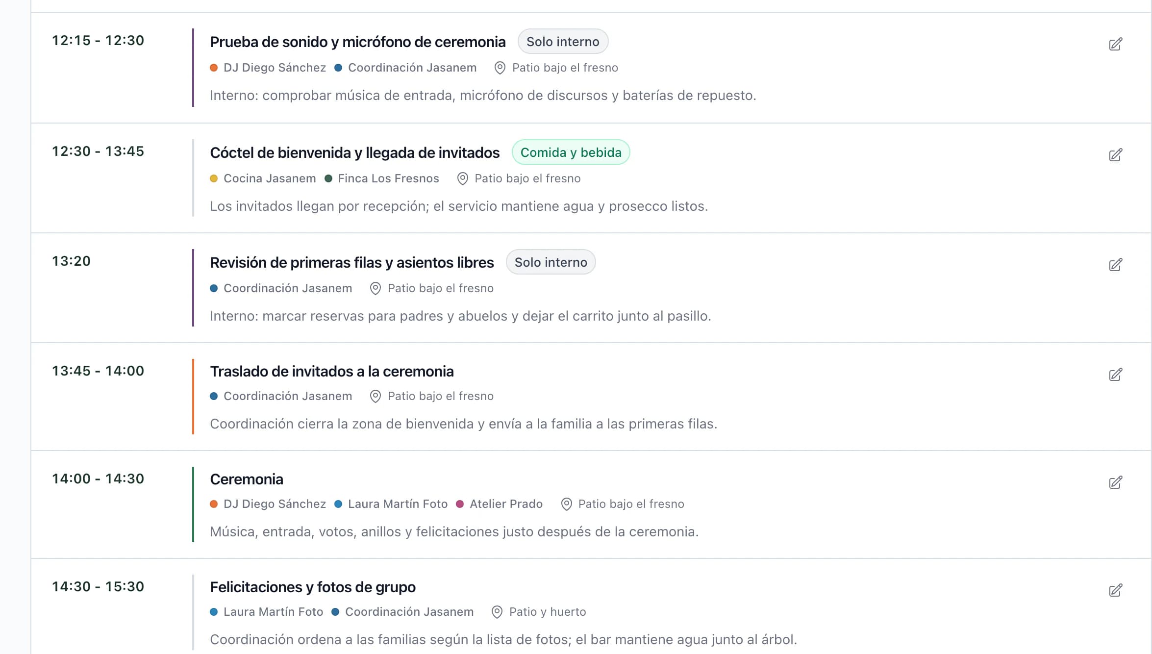 Cronograma del día de la boda, con prueba de sonido a las 12:15, traslado de invitados a las 13:45, ceremonia a las 14:00 y felicitaciones, y proveedores en cada actividad