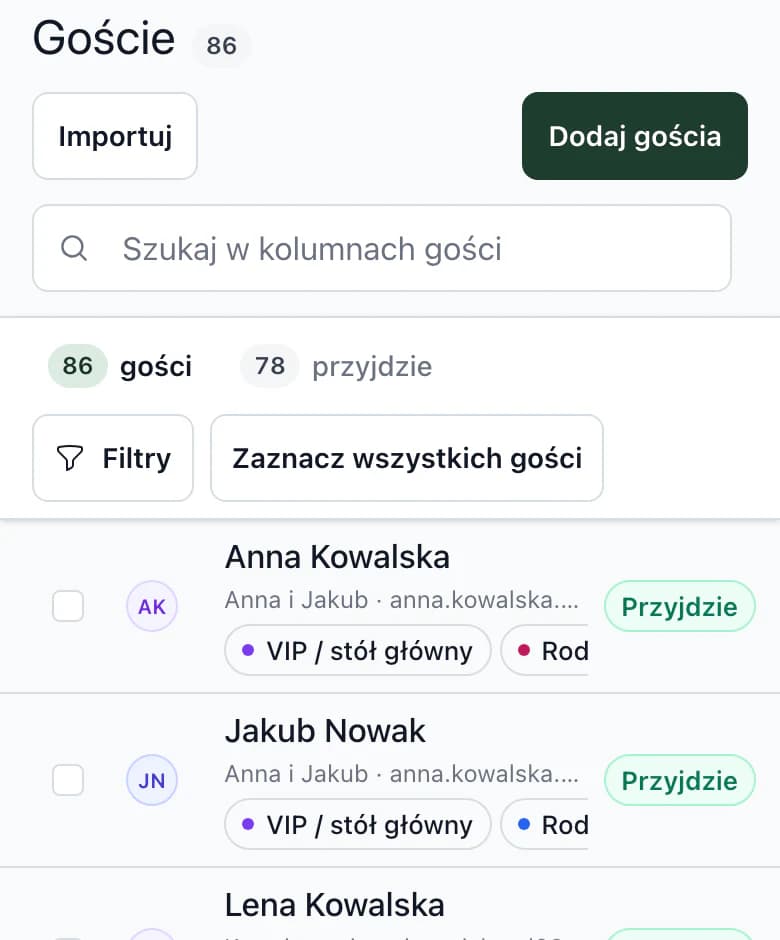 Lista gości na telefonie