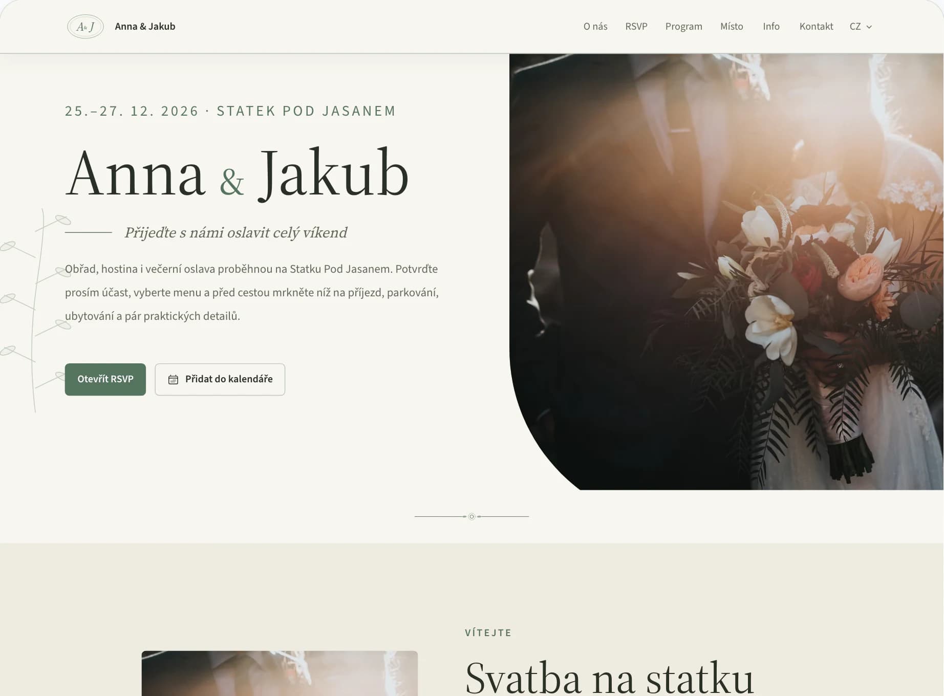 Editor webu pro hosty s náhledem úvodní stránky svatby Anna & Jakub