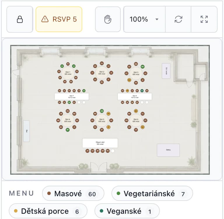 Zasedací pořádek na telefonu: plánek stodoly a souhrn menu
