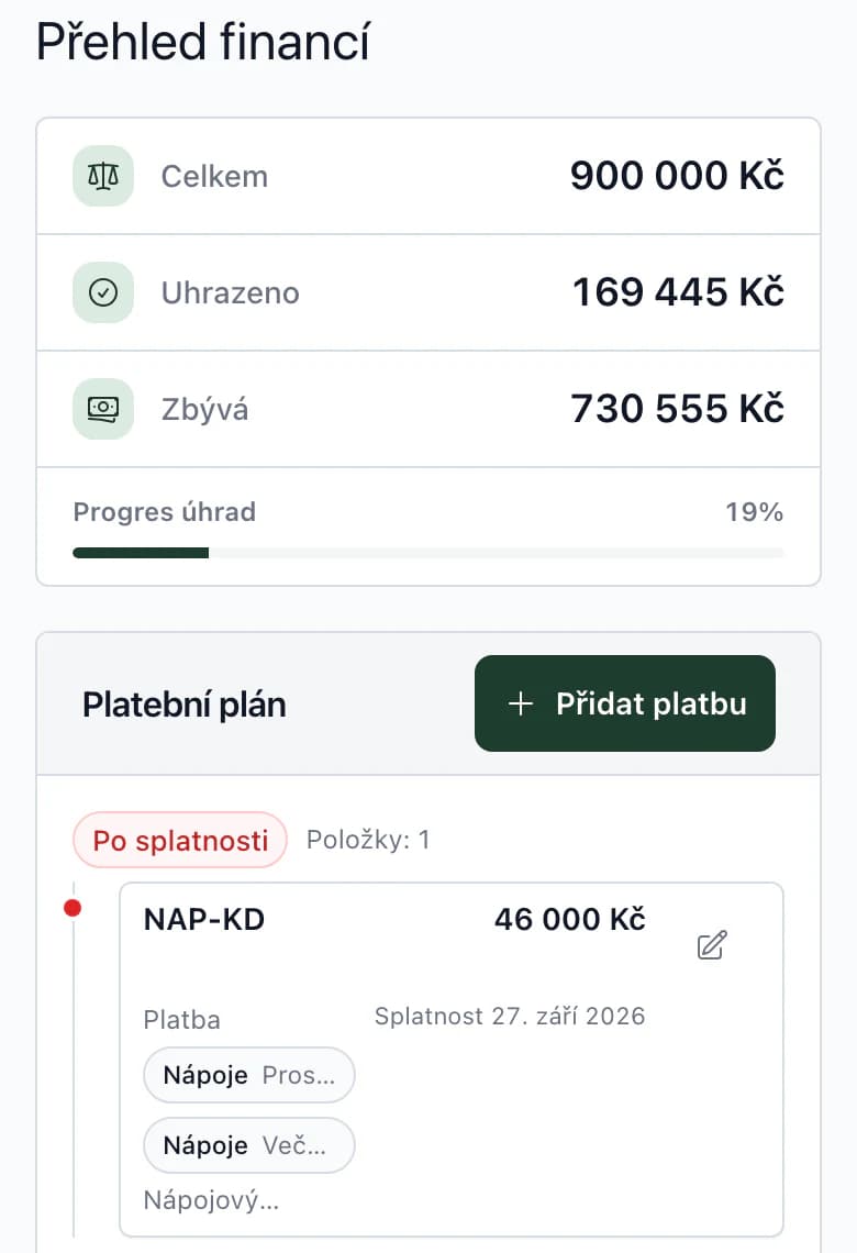 Rozpočet na telefonu: celkem, uhrazeno, zbývá a první platba platebního plánu
