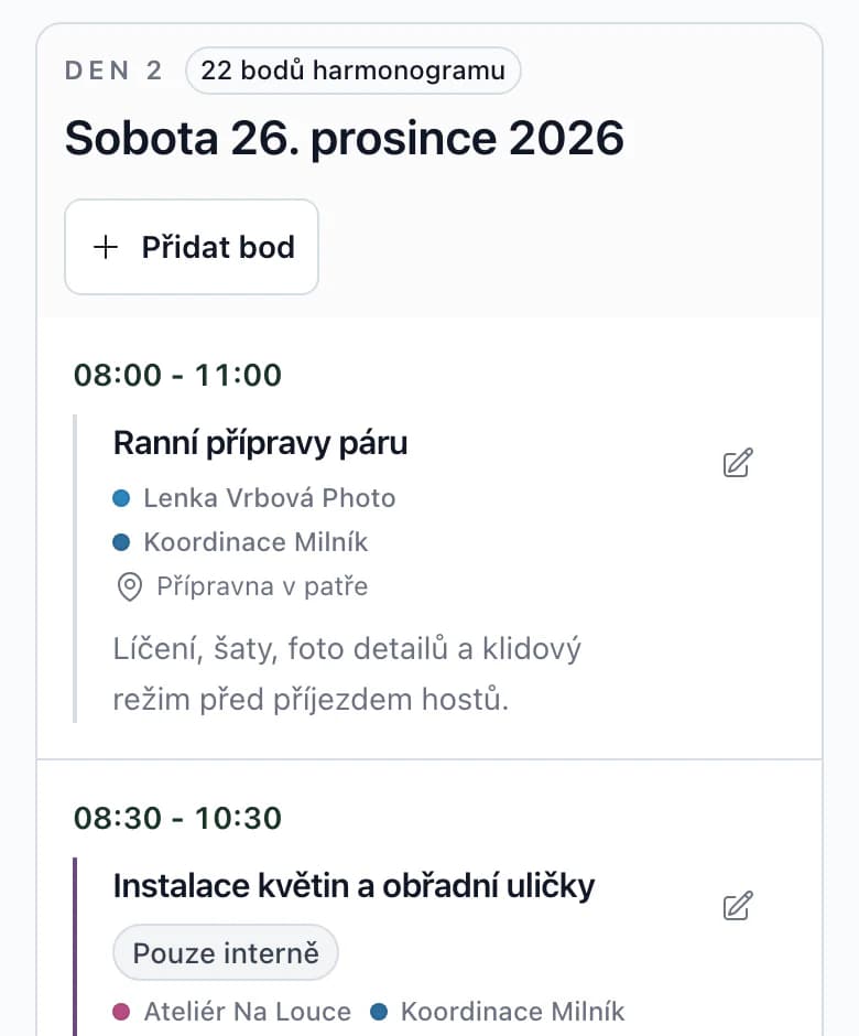 Harmonogram dne svatby na telefonu: čas, bod programu, dodavatelé a místo
