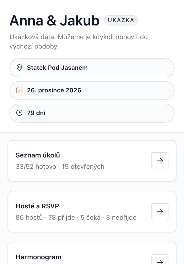 Přehled svatby Anna & Jakub na telefonu: název svatby a místo Statek Pod Jasanem