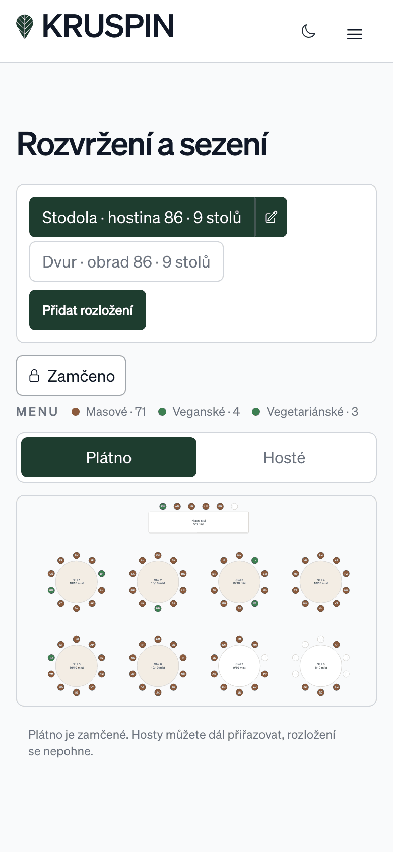 Screenshot rozvržení sezení ve workspace Statek Pod Jasanem
