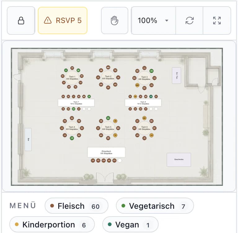 Tischplan am Smartphone: Scheunenplan und Menüübersicht