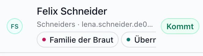 Gast Felix Schneider mit dem Teilnahmestatus Zugesagt und den Tags Brautfamilie und Mit Unterkunft