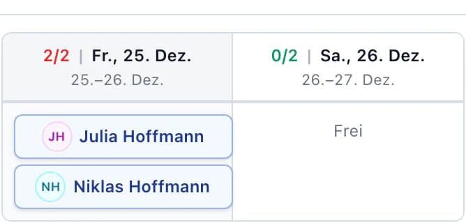 Zimmer Gartenflügel 03 nach Übernachtung. Freitag 25. Dez. Julia Hoffmann und Niklas Hoffmann, Samstag frei.