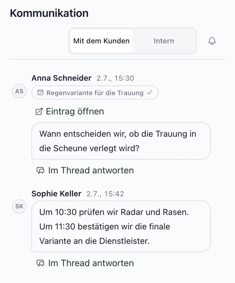 Kommunikation auf dem Smartphone mit dem Schalter Mit Kunden / Intern und der Frage von Anna Schneider beim Eintrag Regenplan für die Trauung