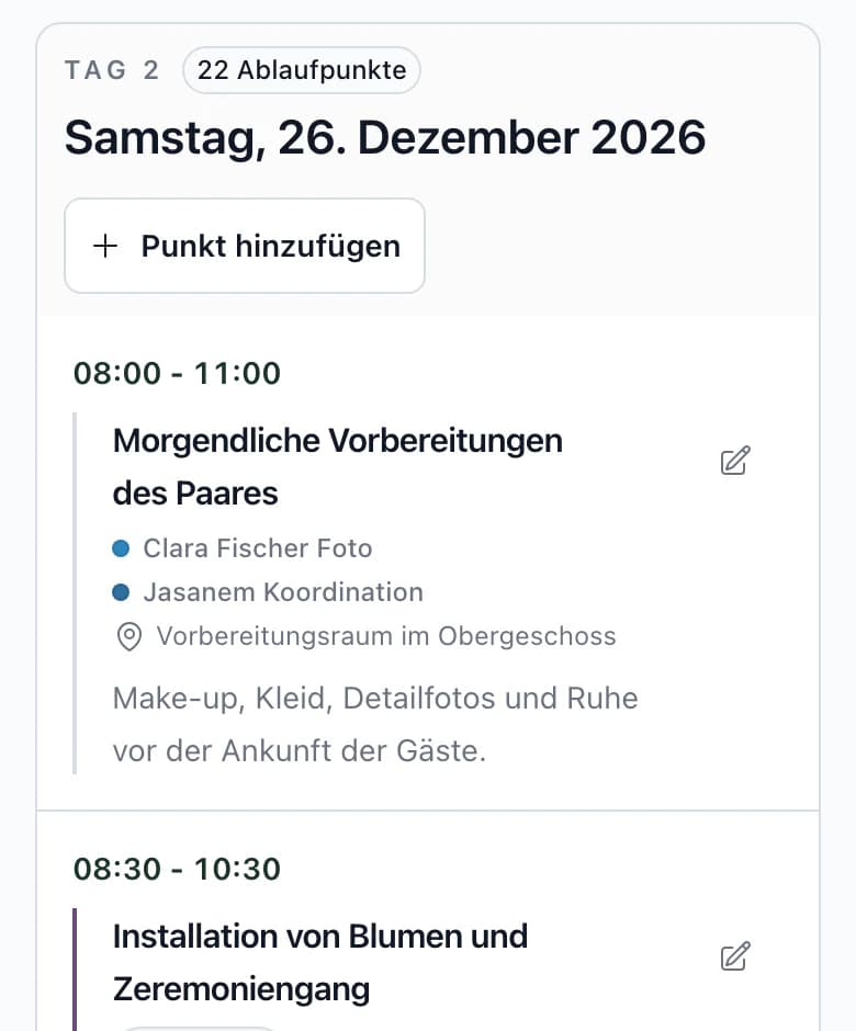 Ablaufplan des Hochzeitstags auf dem Smartphone mit Uhrzeit, Programmpunkt, Dienstleistern und Ort
