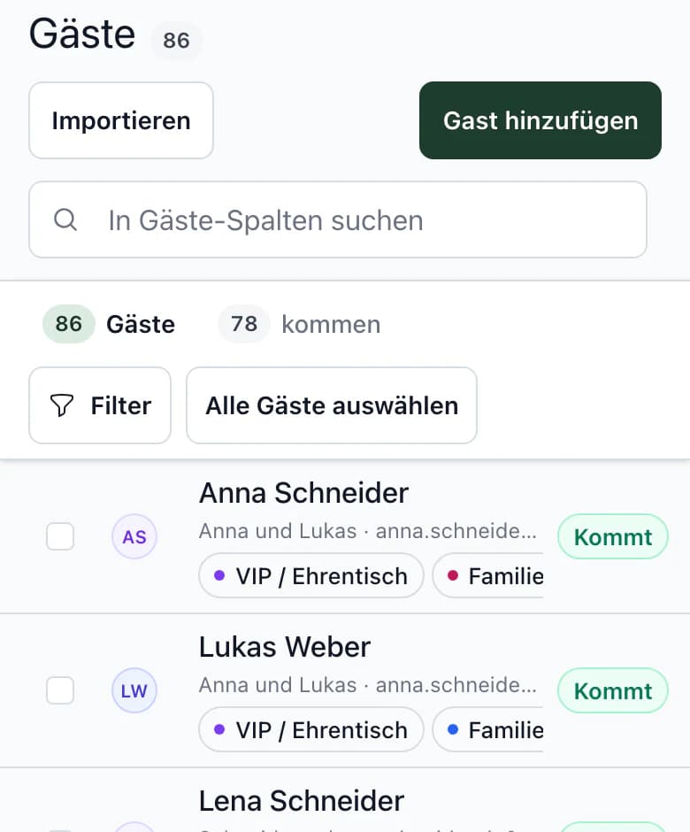 Gästeliste am Smartphone
