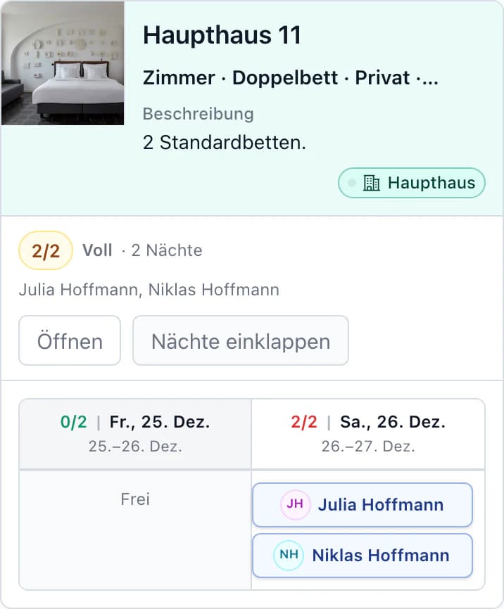 Zimmer Haupthaus 11 nach Übernachtung auf dem Smartphone. Freitag frei, Samstag 26. Dez. Julia Hoffmann und Niklas Hoffmann, Zimmer voll.