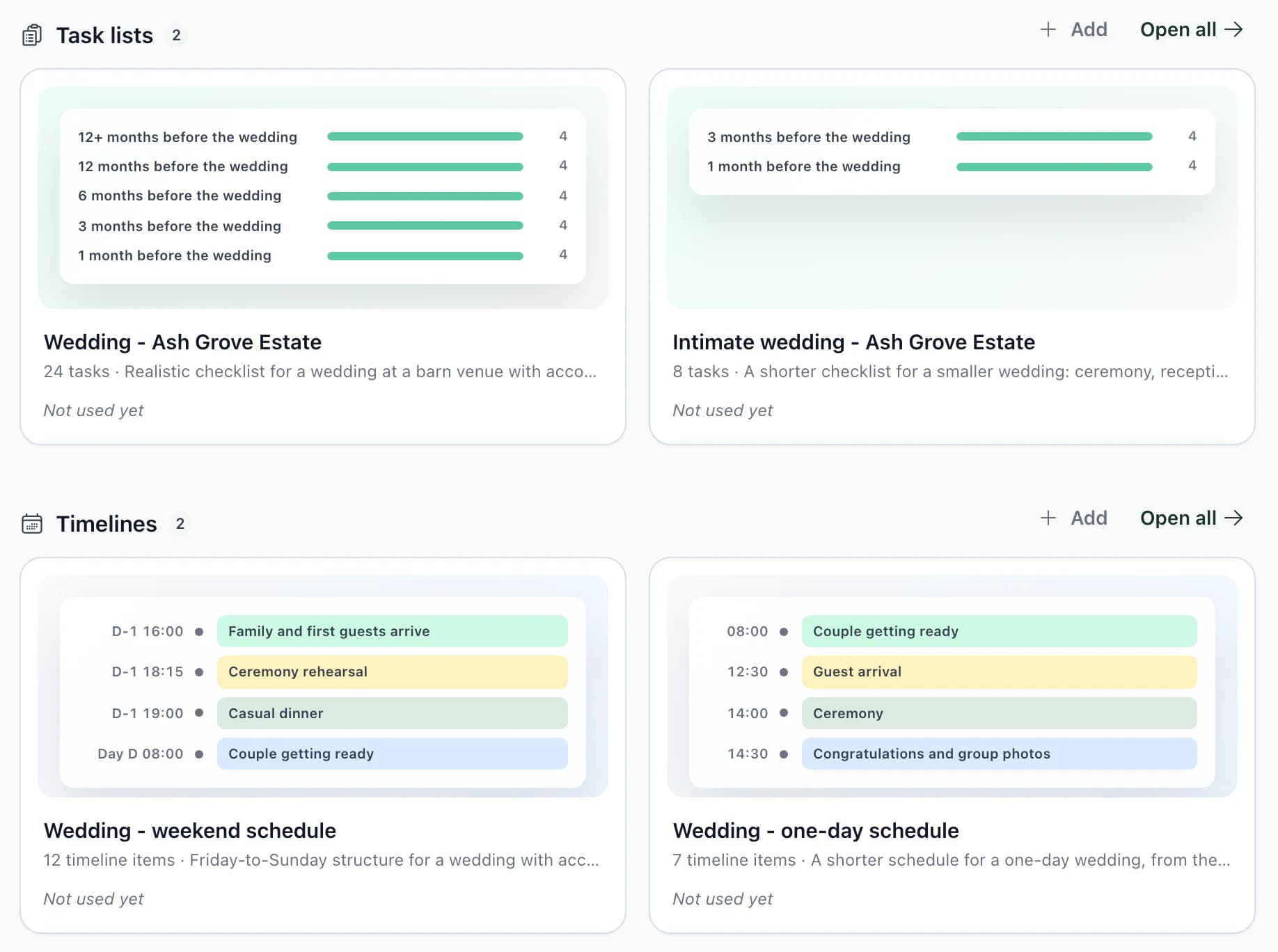 Templates in the app: task lists by months before the wedding and timelines with previews