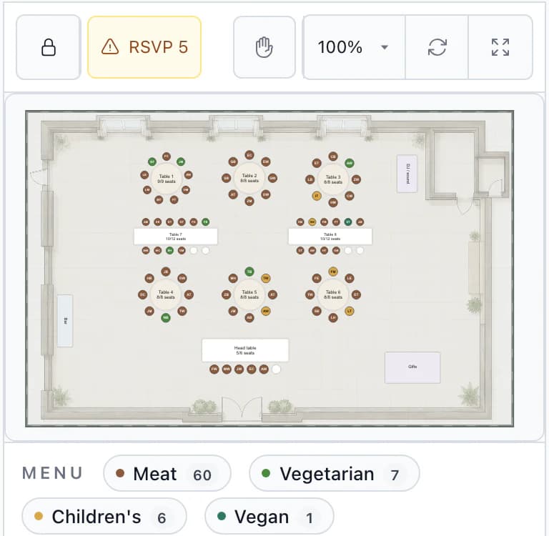Seating plan on a phone: barn floor plan and meal totals