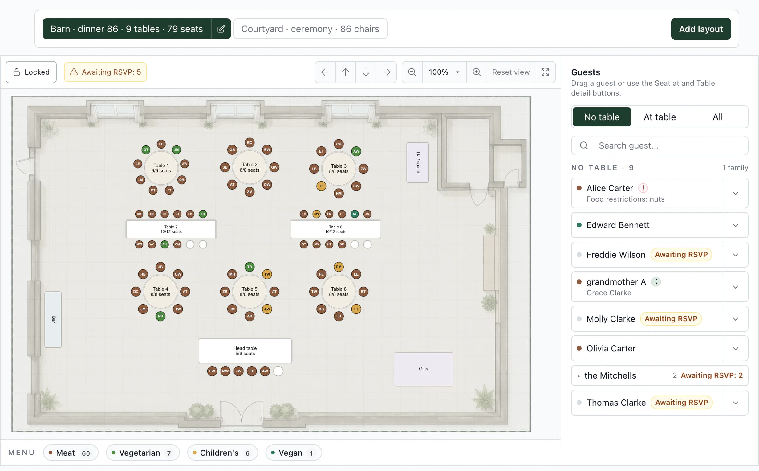 Wedding seating plan: barn floor plan with tables, guests without a table, and meal totals