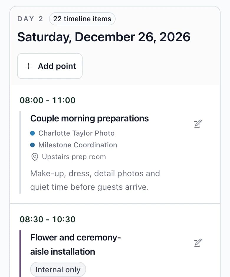Wedding day timeline on a phone: time, schedule item, vendors and location