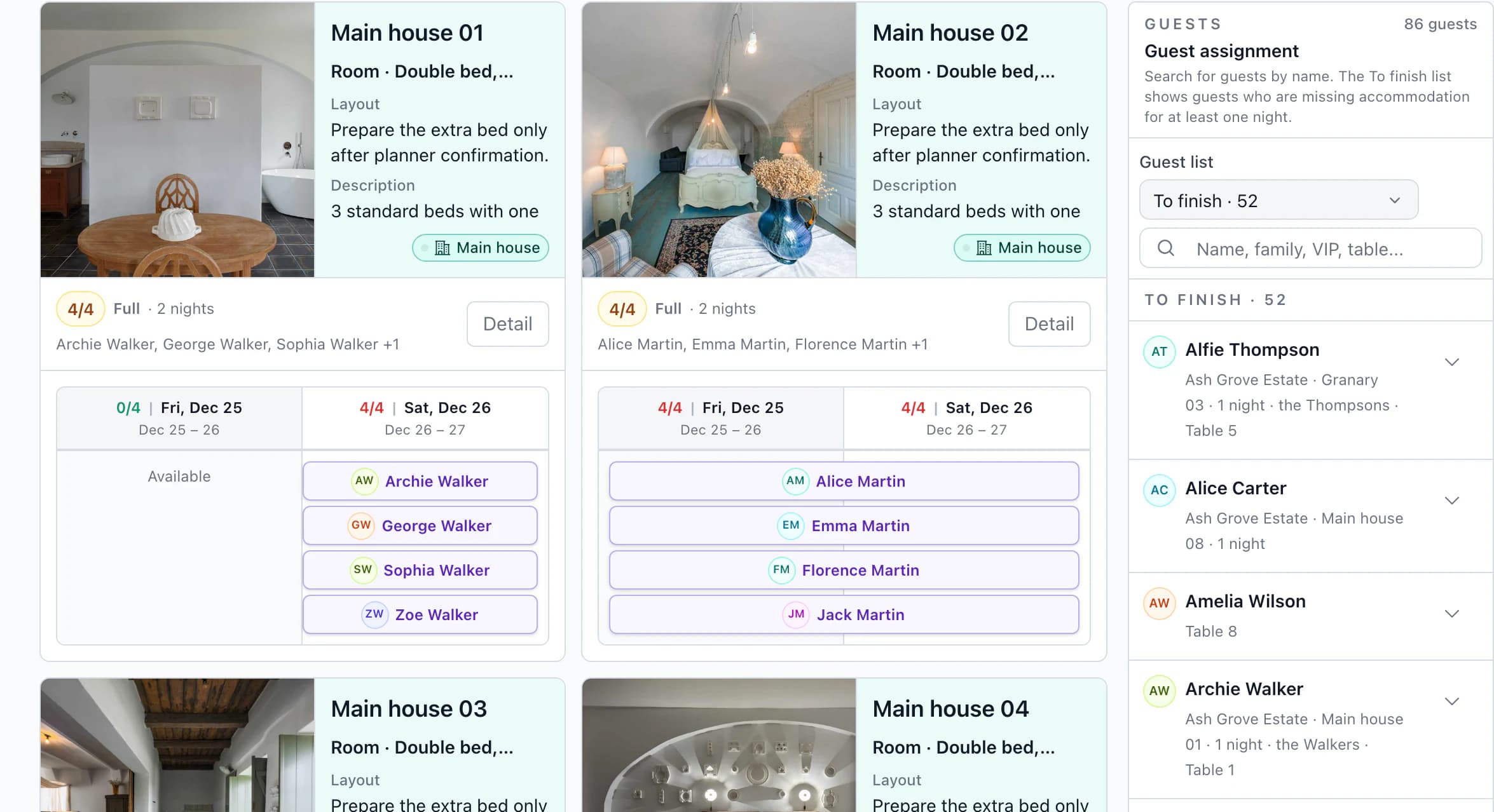 Rooming list by night and guest assignment with table numbers