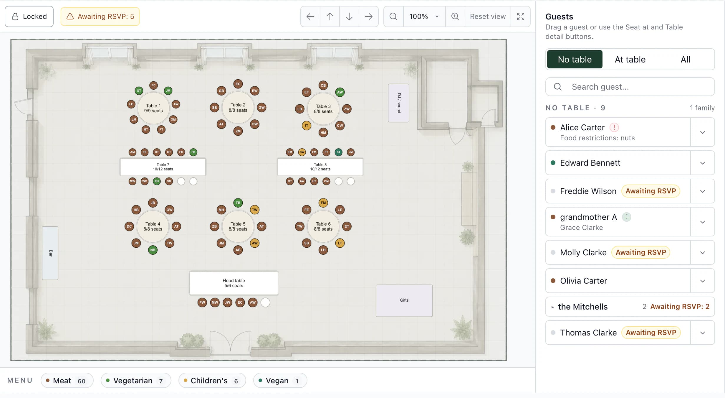 Seating plan with guests at tables, alerts for missing responses and meal totals