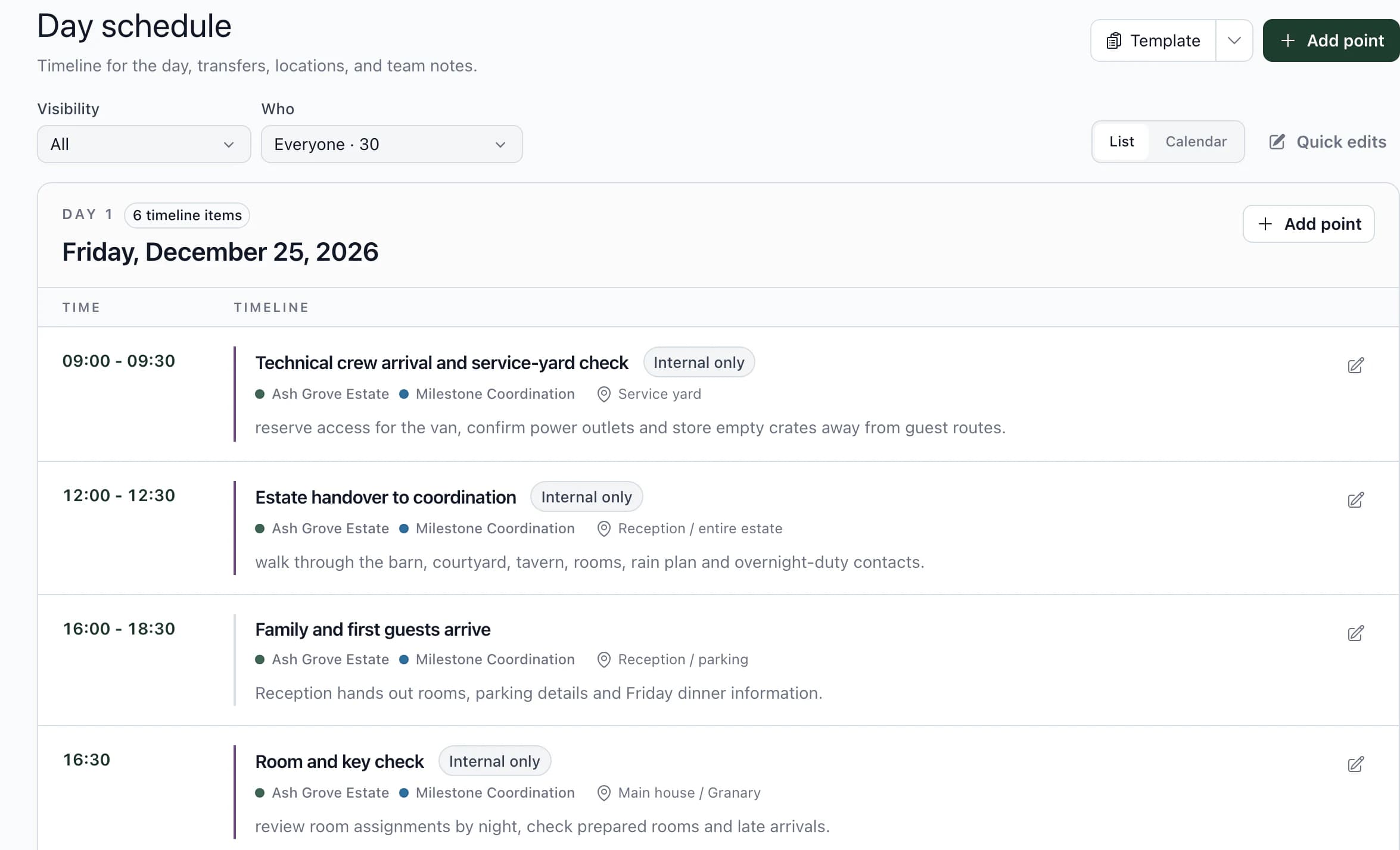The day's timeline with times, vendors, locations and internal notes