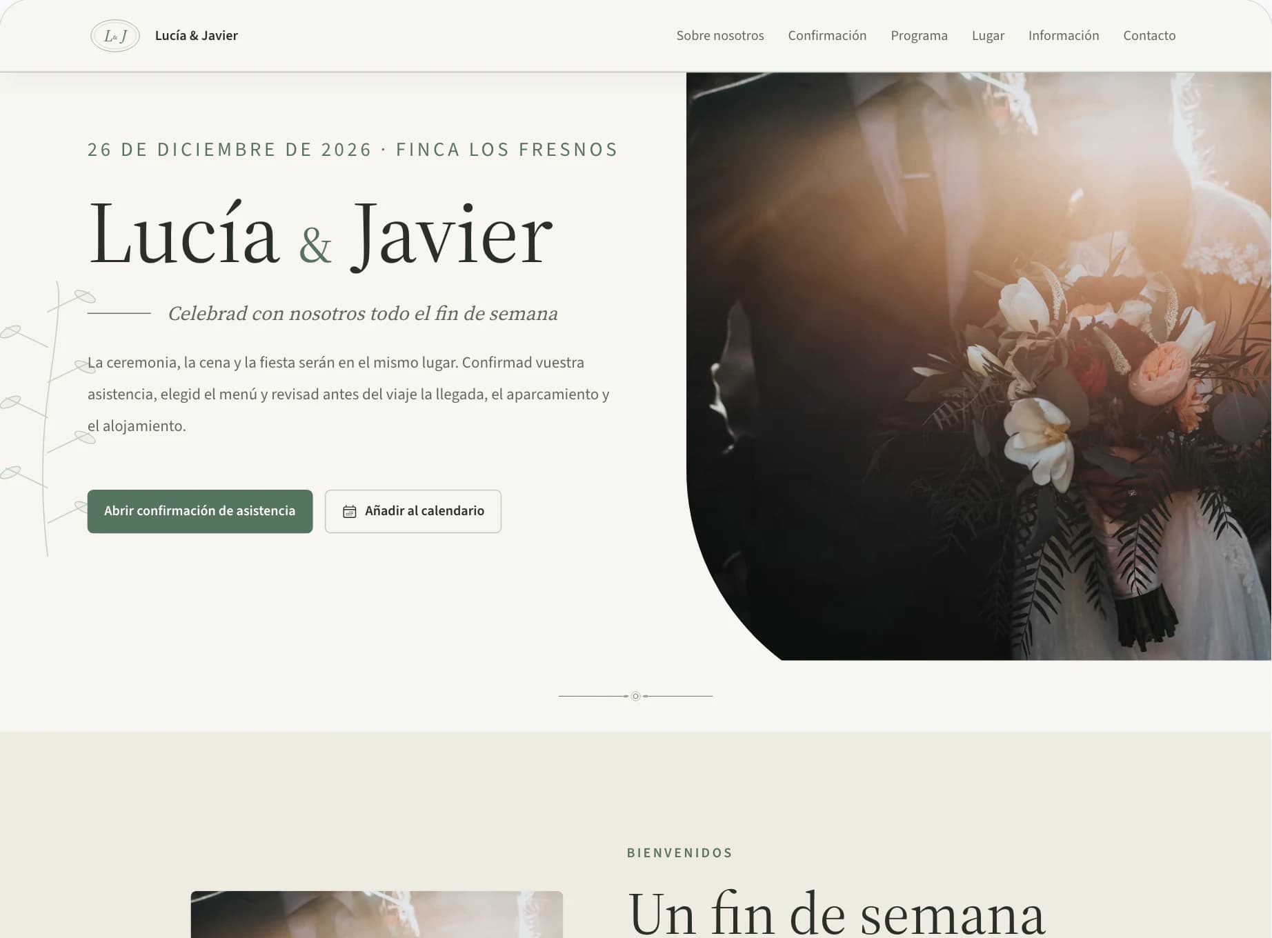 Editor de la web para invitados con vista previa de la página inicial de la boda de Lucía & Javier