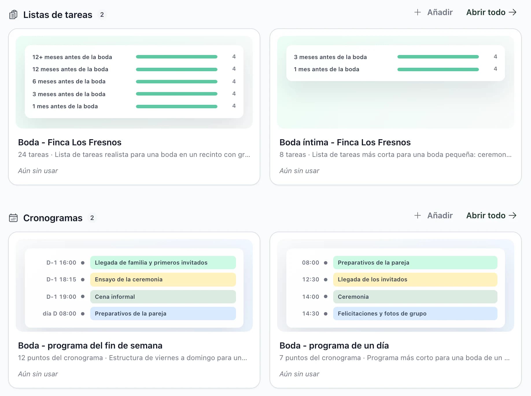 Plantillas en la aplicación: listas de tareas por meses hasta la boda y cronogramas con vista previa