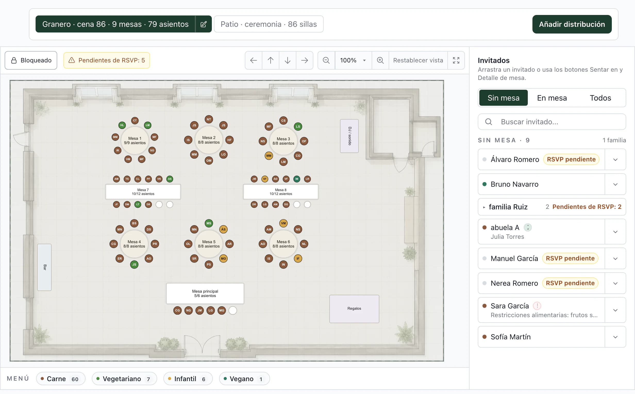 Plano de mesas de la boda: plano del granero con mesas, lista de invitados sin mesa y resumen de menús