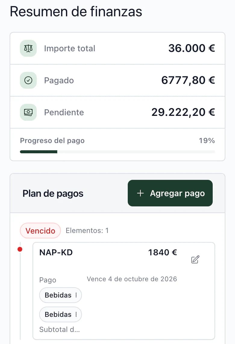 Presupuesto en el móvil: total, pagado, pendiente y primer pago del calendario