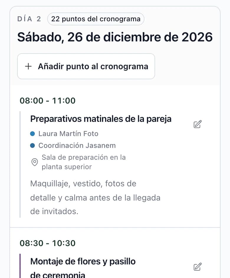 Cronograma del día de la boda en el móvil, con hora, actividad, proveedores y lugar