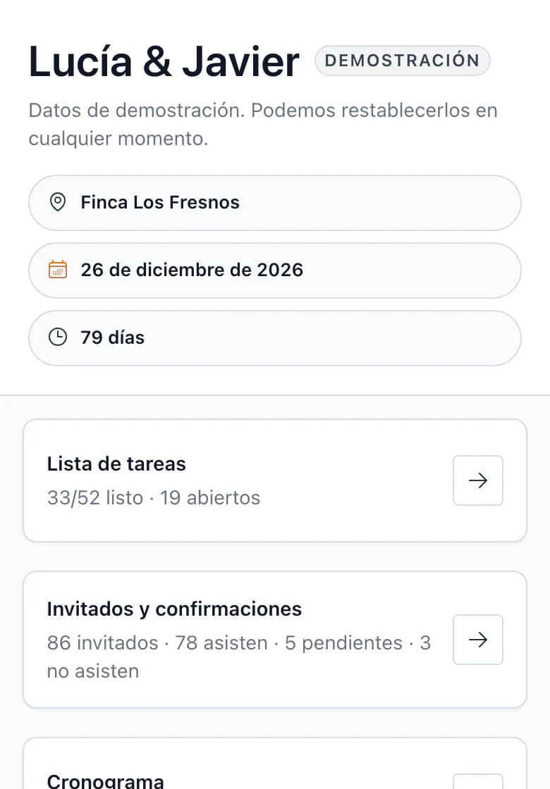 Resumen de la boda Lucía & Javier en el móvil: nombre de la boda y espacio Finca Los Fresnos