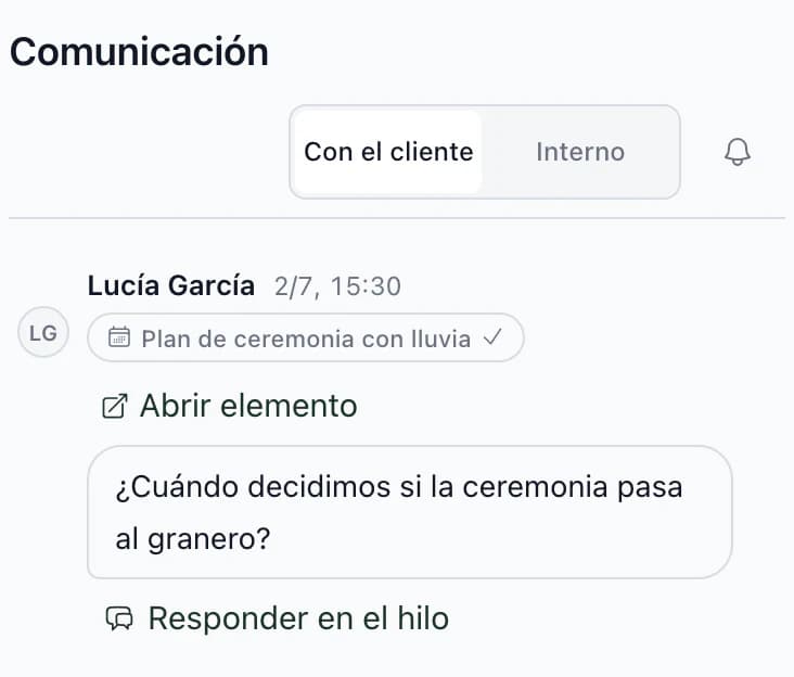 Mensaje de la clienta Lucía García en Plan de la ceremonia en caso de lluvia: cuándo se decidirá si la ceremonia se traslada al granero