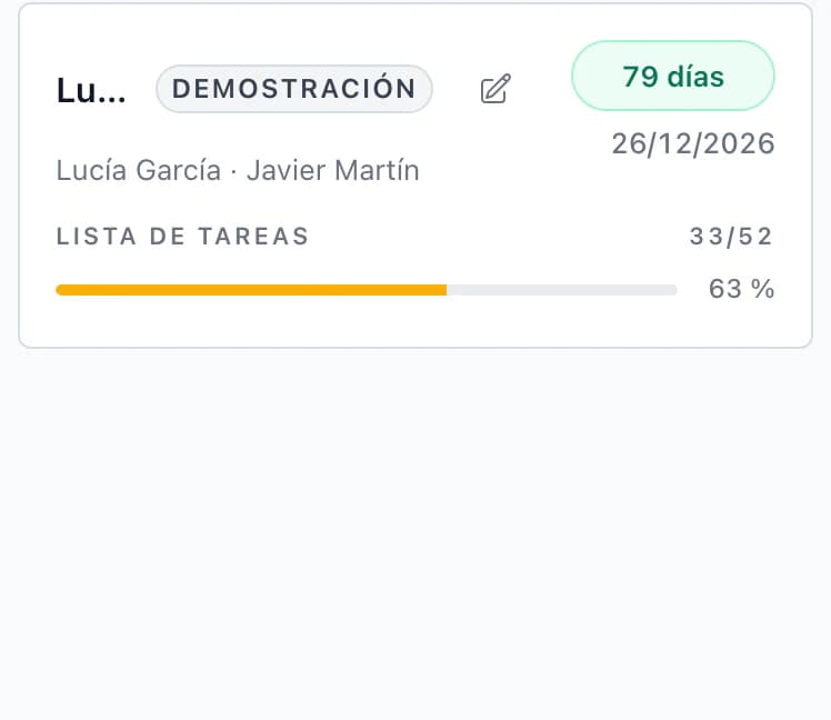 Resumen de bodas en el móvil: Lucía & Javier en 81 días, 33 de 52 tareas; Tereza & Matěj en 102 días