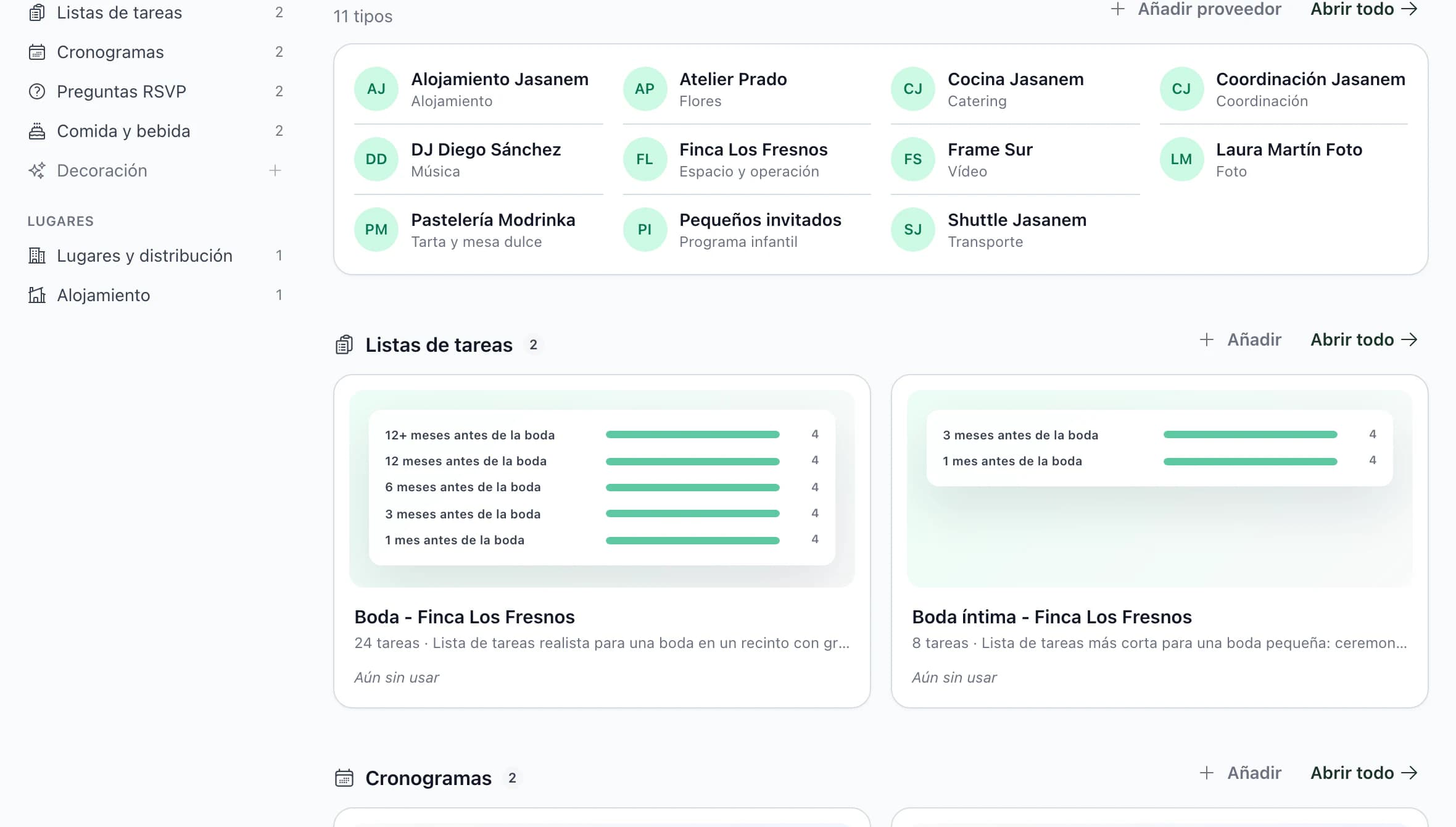 Biblioteca de plantillas de la aplicación, con proveedores, listas de tareas, cronogramas, preguntas de RSVP, comida y bebida, lugares y alojamiento