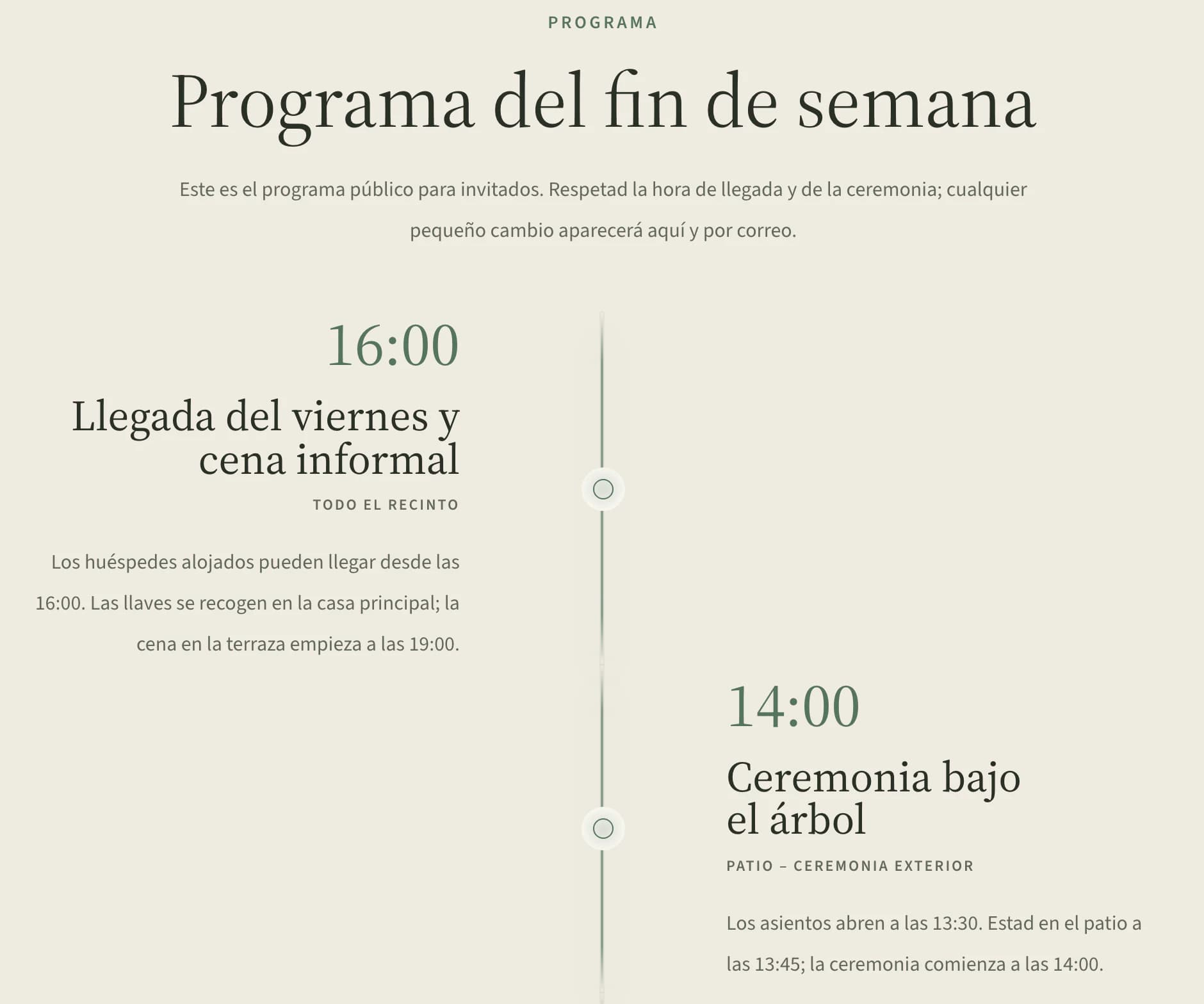 Programa de la web de la boda: llegada el viernes a las 16:00 y ceremonia bajo el fresno a las 14:00, tomadas del cronograma