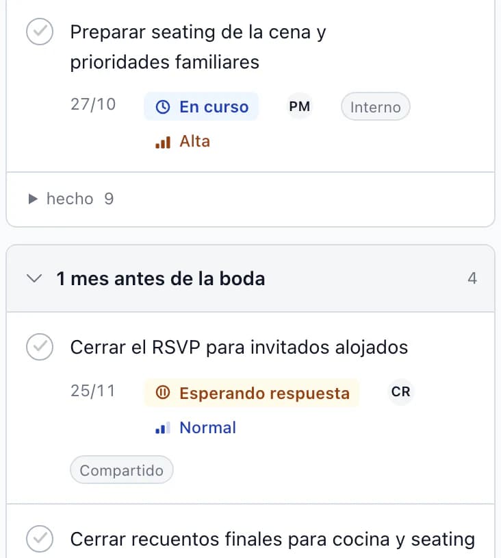 Tareas vencidas de la boda: contactar con los últimos invitados sin respuesta está pendiente de respuesta; el listado de habitaciones y llaves para recepción está en curso