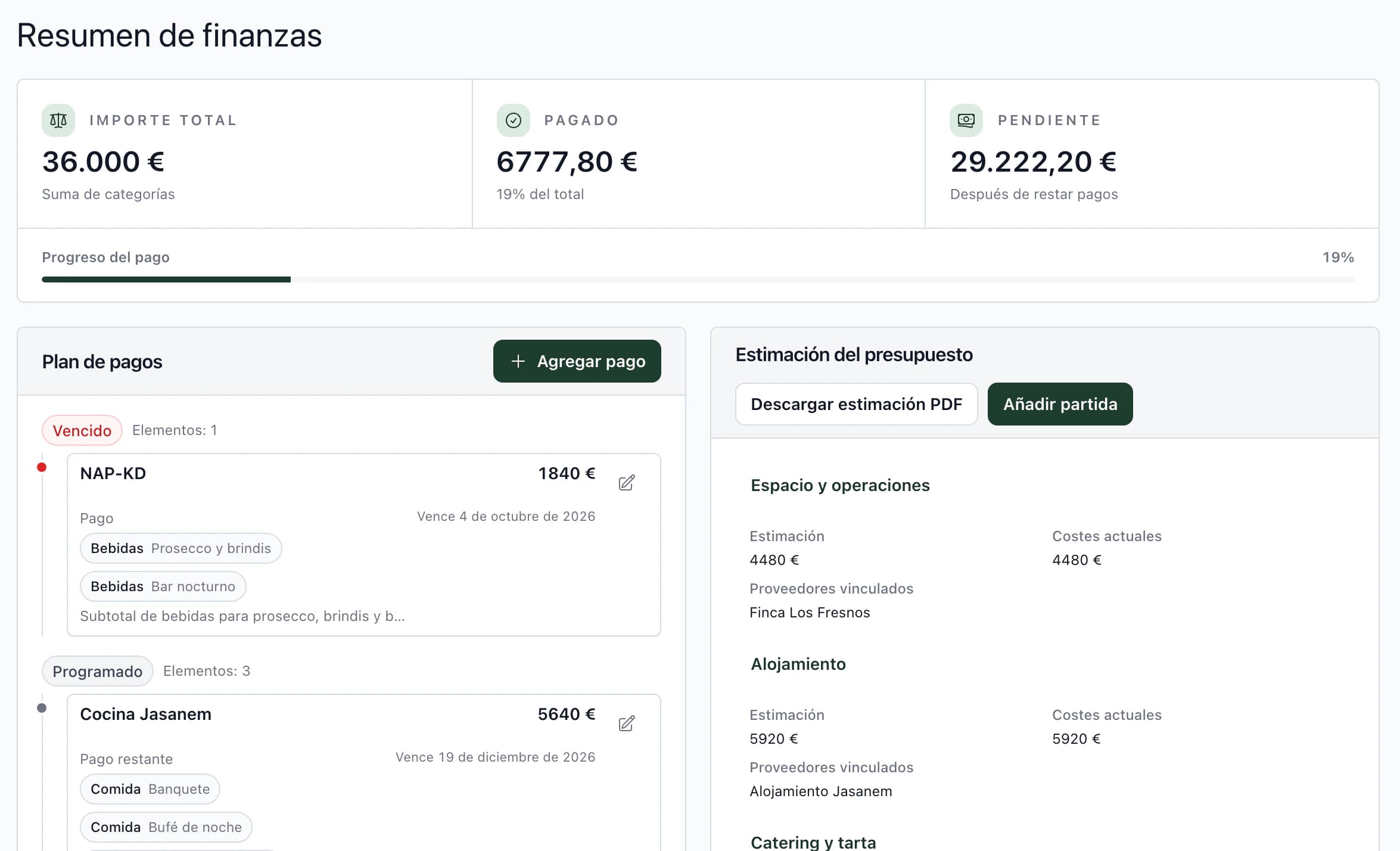 Presupuesto de boda: total, pagado y pendiente; debajo, el calendario de pagos con el pago vencido arriba