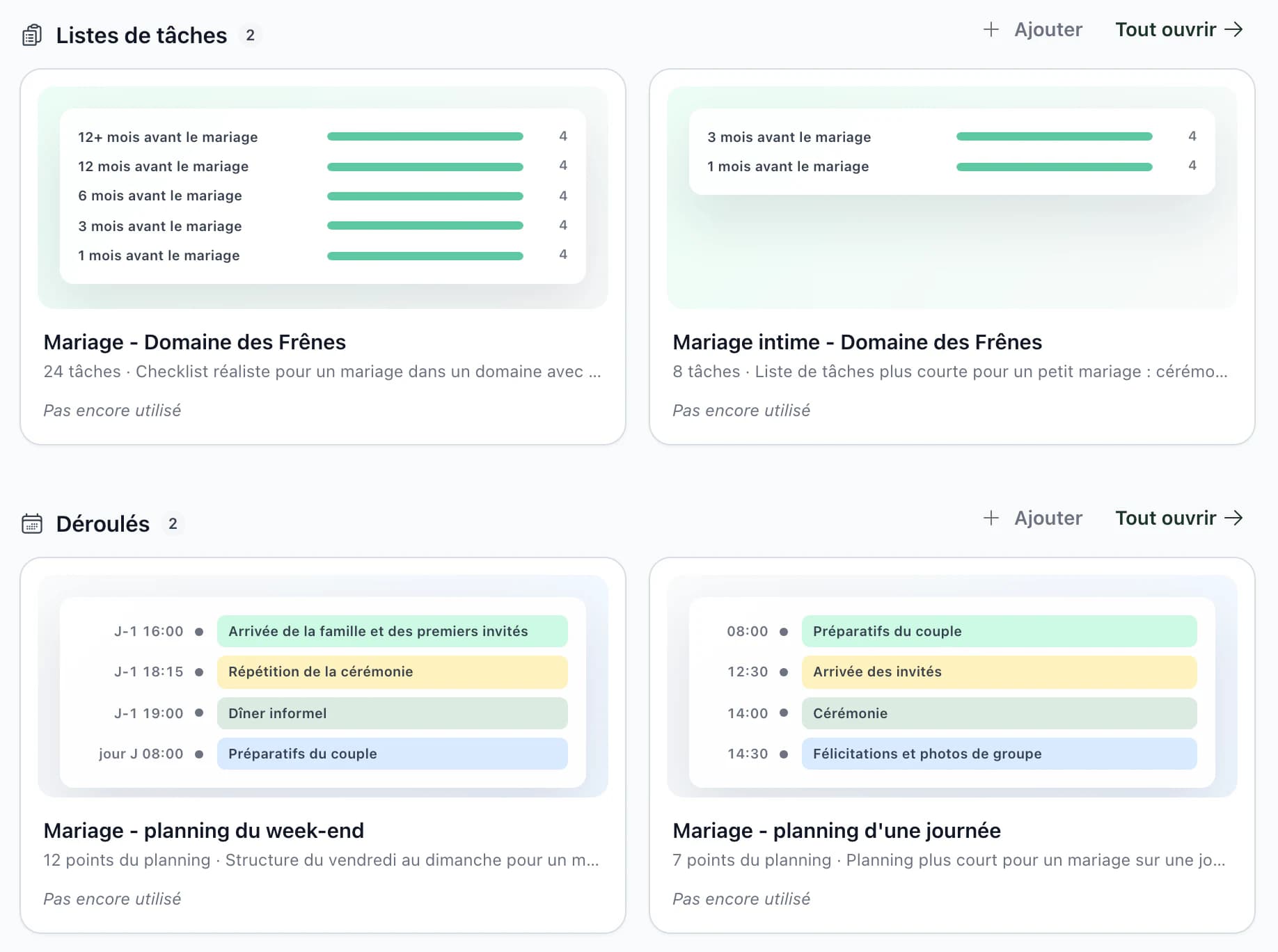 Modèles dans l'application : listes des tâches par mois jusqu'au mariage et plannings avec aperçu